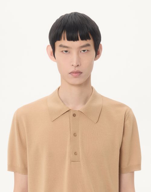 Valentino - Vロゴ エンブロイダリー ウール ポロシャツ - ベージュ - メンズ - ニット